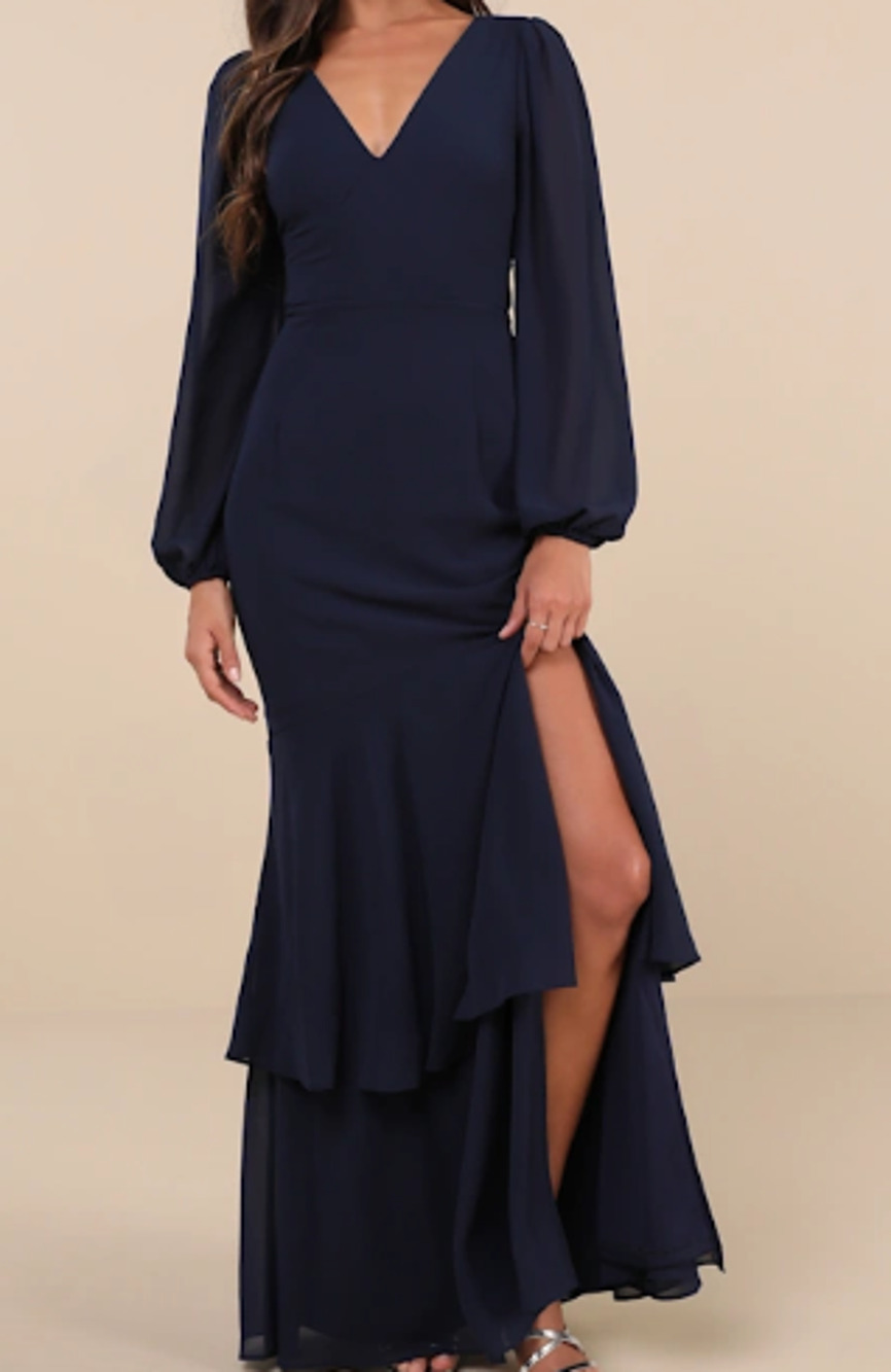 LULU'S XL Tier Elegance Navy Blue Long Sleeve bridesmaid Maxi Dress NEW B28